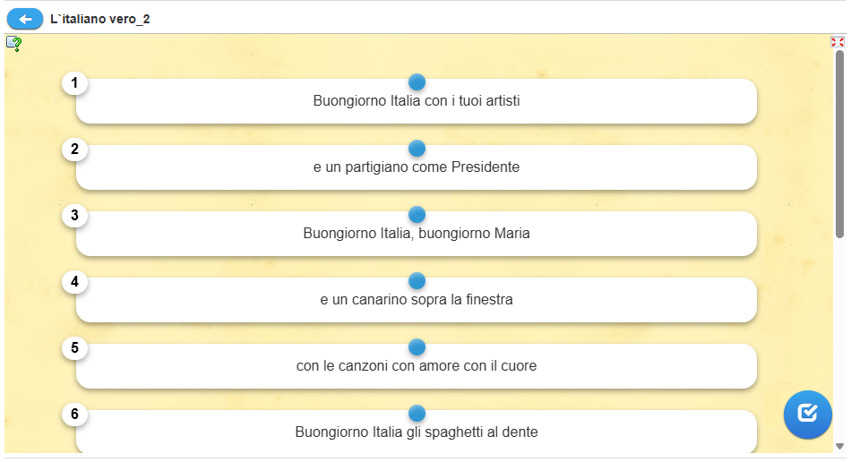 Перемещайте карточки по полю, выстраивая их в нужном порядке. Можно еще раз прослушать песню или прочитать текст при необходимости. Не забываем нажимать на галочку внизу для проверки и стрелку сверху, чтобы возвратиться к списку заданий.