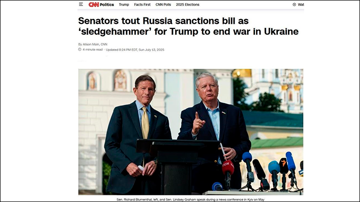    Заголовок: "Законопроект о санкциях против России - кувалда, которая поможет Трампу закончить войну на Украине". Скриншот: интернет-сайт edition.cnn.com