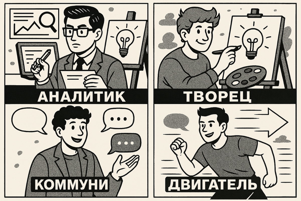 4 психотипа
Аналитик — Творец — Коммуникатор — Двигатель