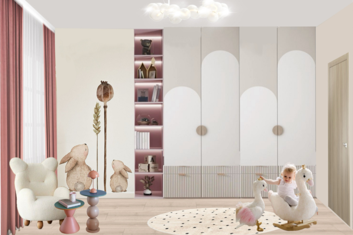 Детская мечты: нежно-персиковые стены, милые зайчики и облака на потолке для нашей принцессы