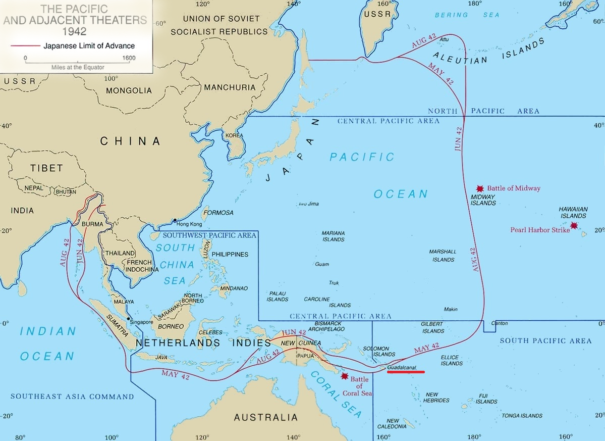 Японский оборонительный периметр на май-август 1942 года. Остров Гаудалканал справа внизу, выделен красной линией. Кликабельно.