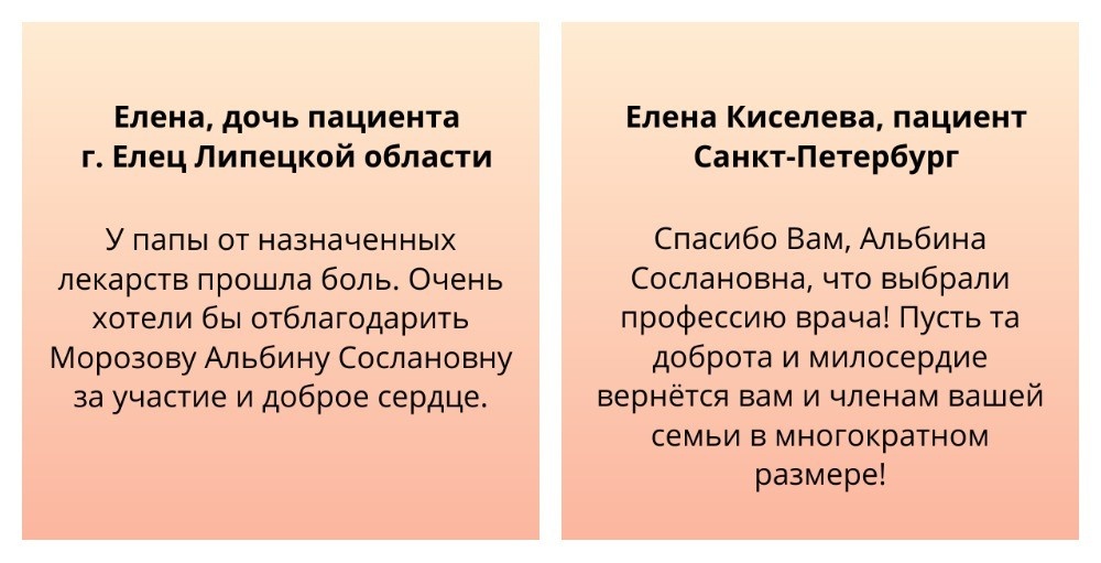    Отзывы о работе Альбины Морозовой на сайте проекта «1000 и 1 вопрос об онкологии».