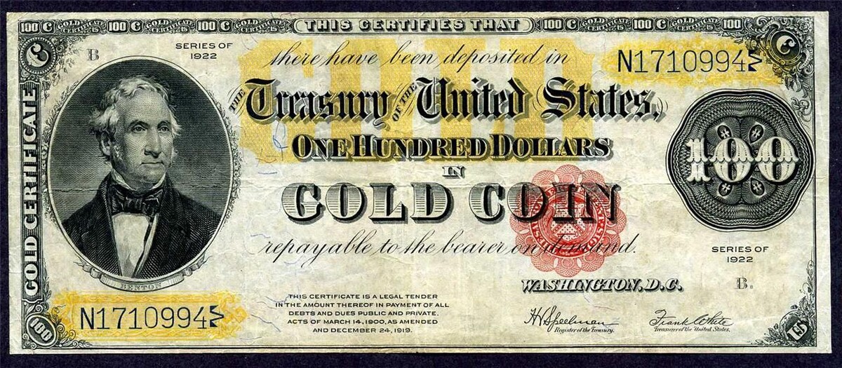 100 долларовая банкнота США образца 1922 года. 