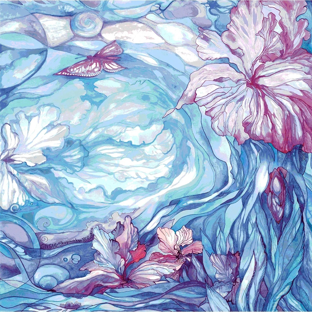 Авторский шелковый платок 90х90 см "В туманной долине Ириса" от Евгении Шаповаловой. Узнаваемый принт ирисов с женским силуэтом. Премиум аксессуар с историей