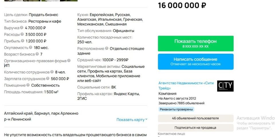    Кафе продают в парке "Арлекино" за 16 млн рублей. Источник: avito.ru