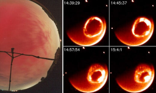 
Полярное сияние 15 июля 2000 года, сфотографировано (слева) Ронни Шерриллом в Северной Каролине и (справа) космическим аппаратом НАСА IMAGE.
