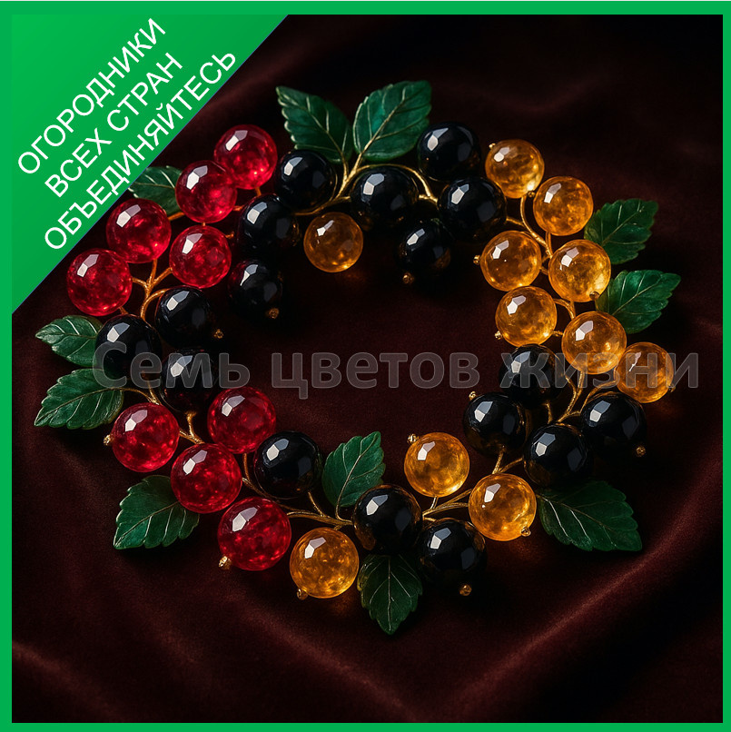 натюрморт из драгоценных камнейв виде ягод смородины- красных рубинов, черного оникса и золотистого цитрина, Зеленые листья вырезаны из изумруда. 
