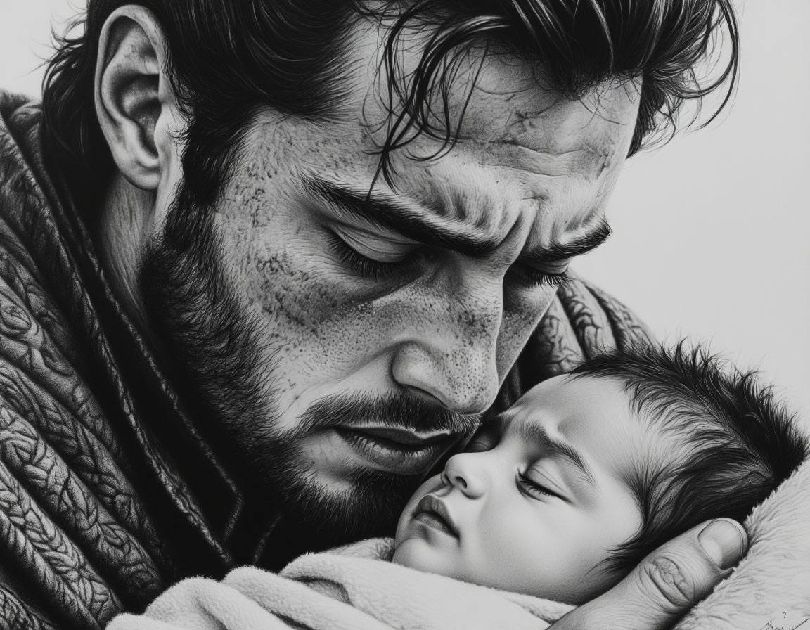 Лицо сурового воина преображается от нежности и любви при виде своего ребенка