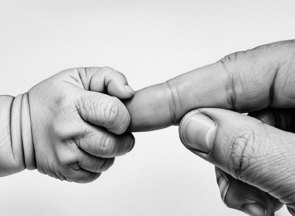 Крошечная ручка новорожденного младенца крепко сжимает большой, мозолистый палец воина