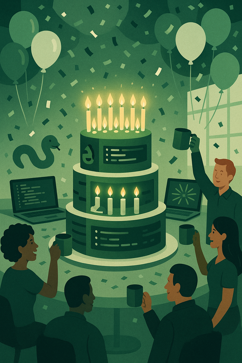 Торт-«сервер» с двадцатью свечами, ноутбуки с кодом и конфетти передают атмосферу дружеской вечеринки по случаю 20-летия Django.