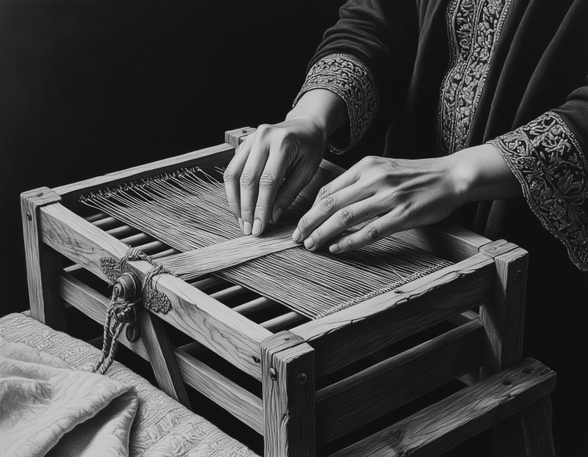 Женские руки ткут яркую нить на простом деревянном ткацком станке