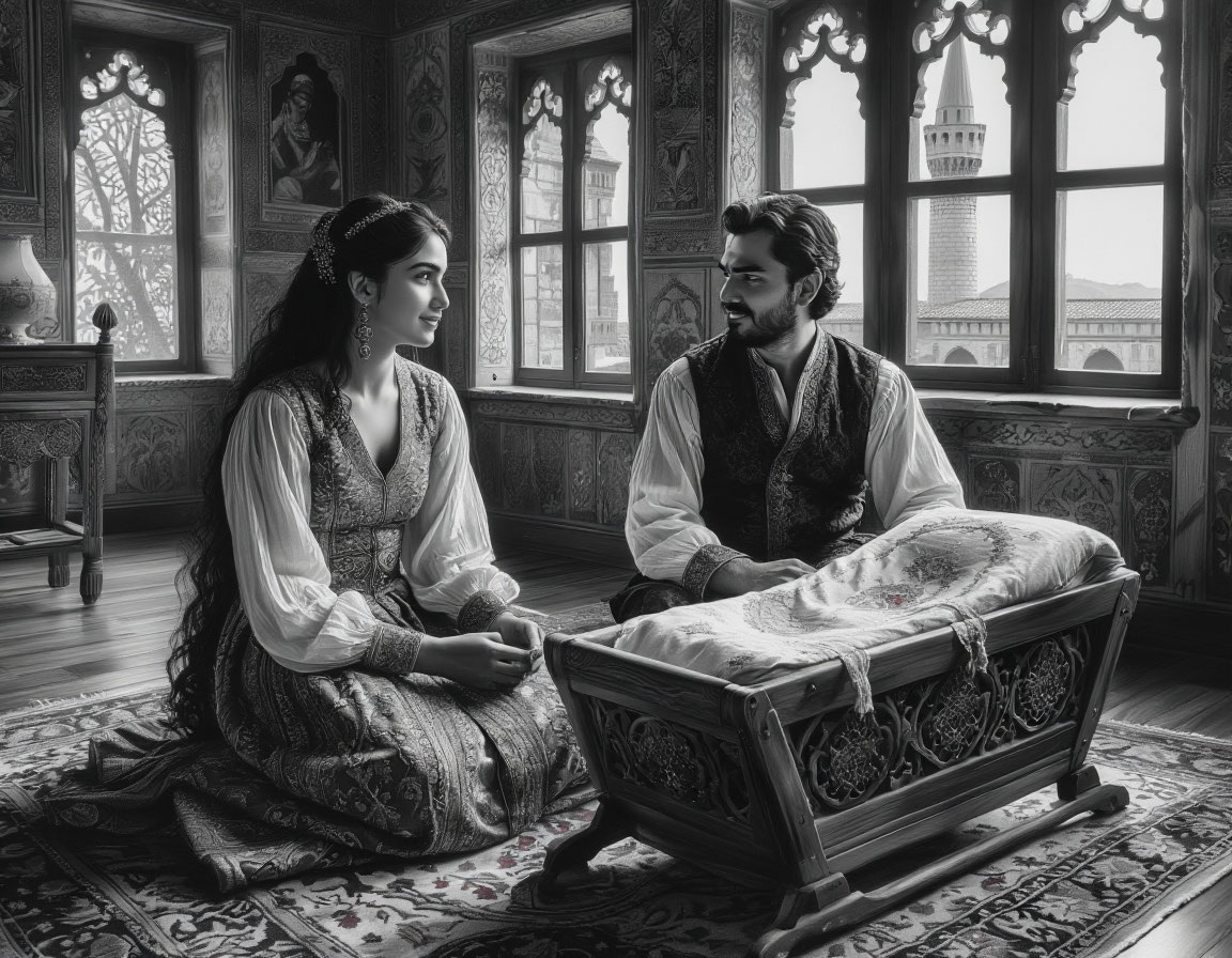  Молодая пара, правитель и его жена, тихо сидят у колыбели своего ребенка