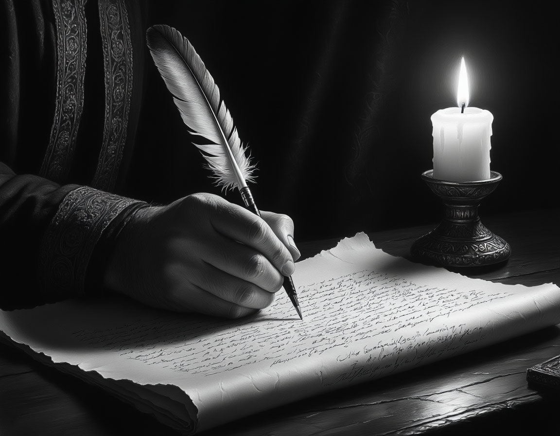 Рука пишет письмо гусиным пером при свете свечи.