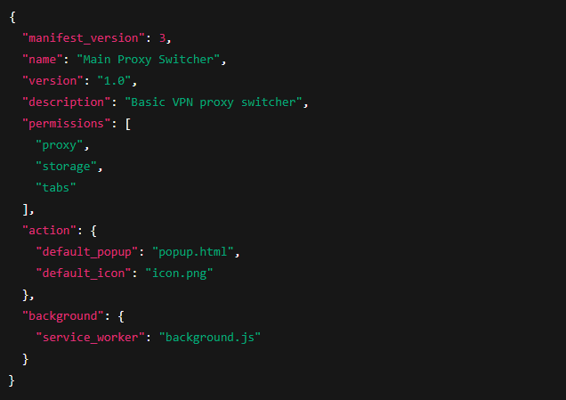 Здесь мы указываем, какие разрешения нужны расширению и какие файлы будут отвечать за интерфейс и фоновые задачи.
