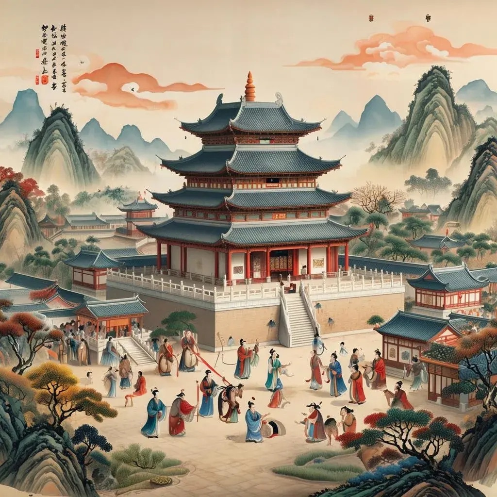 "Традиционный китайский пейзаж с пагодой и людьми"