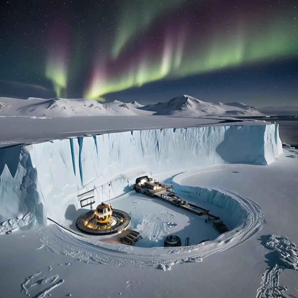 "Научная станция на краю ледника под северным сиянием"