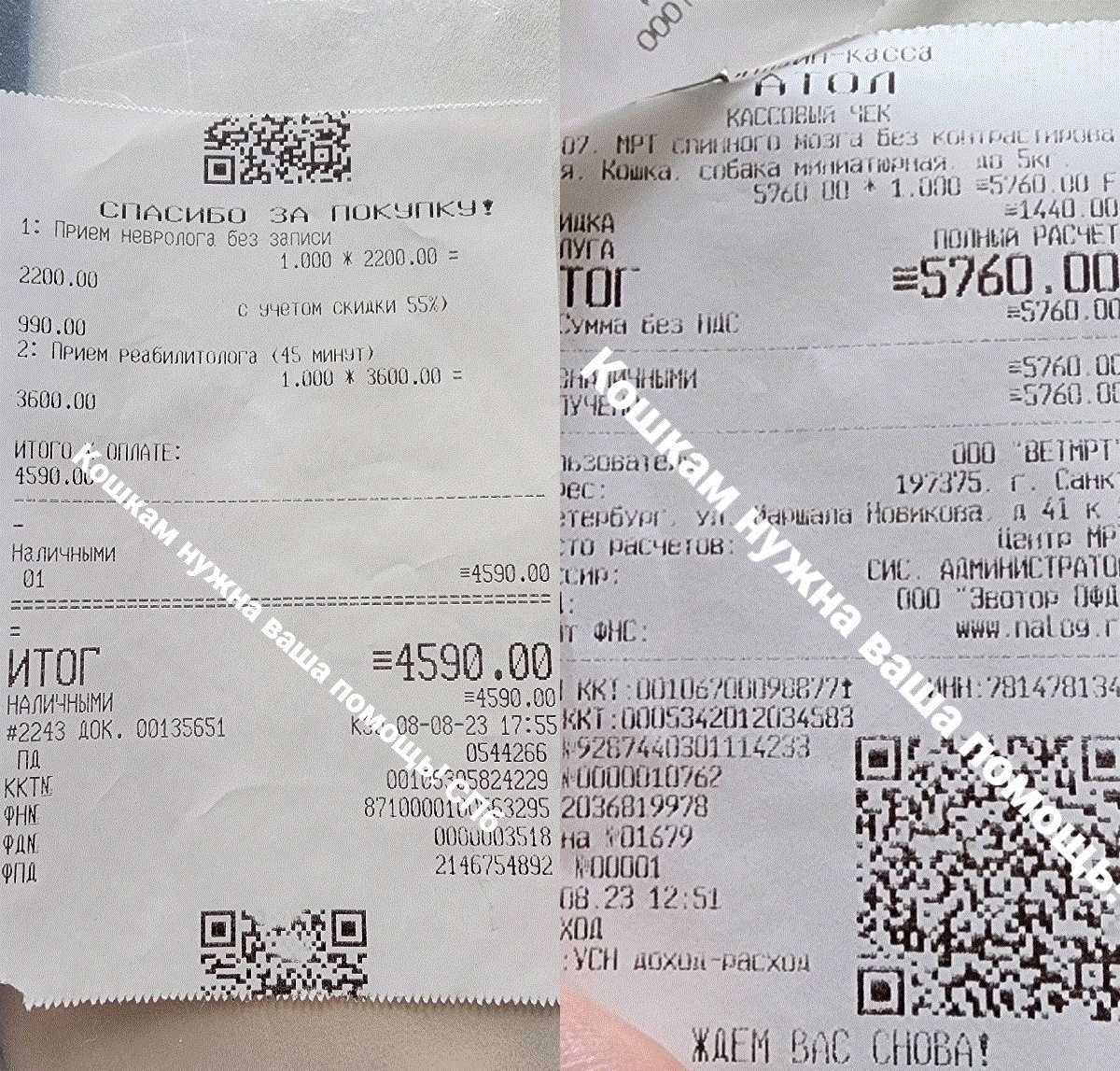 Чек от 08.08.2023 на сумму 4590 руб. за приём невролога-реабилитолога Кусе в веклинике А. Филлмора.

Чек от 12.08.2023 на сумму 5760 руб. за МРТ спинного мозга Кусе