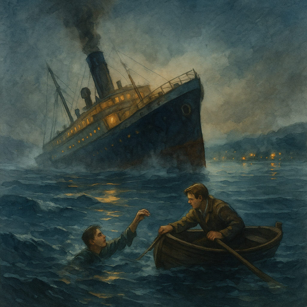 Тонущий лайнер и шлюпка, вытаскивающая пассажира из ледяной воды, передают драму крушения «Императрицы Ирландии» и разоблачённого мифа о чудесном соло‑спасении.