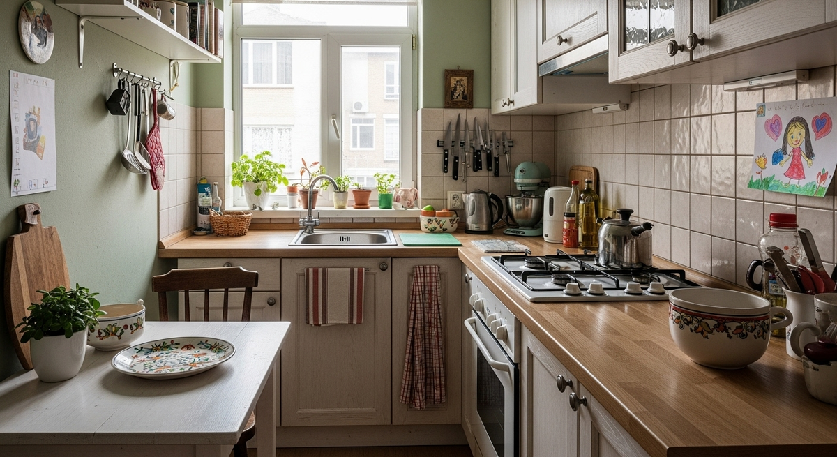 Маленькая кухня с душой: расписное блюдце, зелёный уголок и детский рисунок создают ощущение уюта и тепла даже на шести метрах.