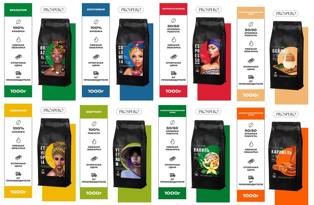 Ассортимент Prospero: кофе в зёрнах (1000 г).
