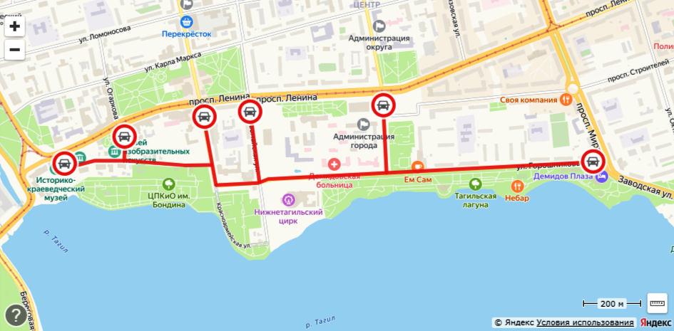 Перекрытия дорог в Нижнем Тагиле 19 июля / Сделано с помощью Яндекс.Карты