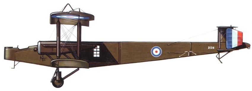 Тяжёлый бомбардировщик Handley Page Н.Р.11. Масса взлётная — 6359 кг, длина — 19 м, размах крыльев — 30 м, число и мощность моторов — 2х250 л.с., скорость — 140 км/час, экипаж — 4 чел., вооружение — 4-5 пулемётов и 813 кг бомб.
