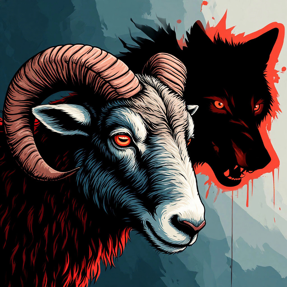 Вид испуганного, потухшего взгляда барана (стилизованная иллюстрация) и тень волка.