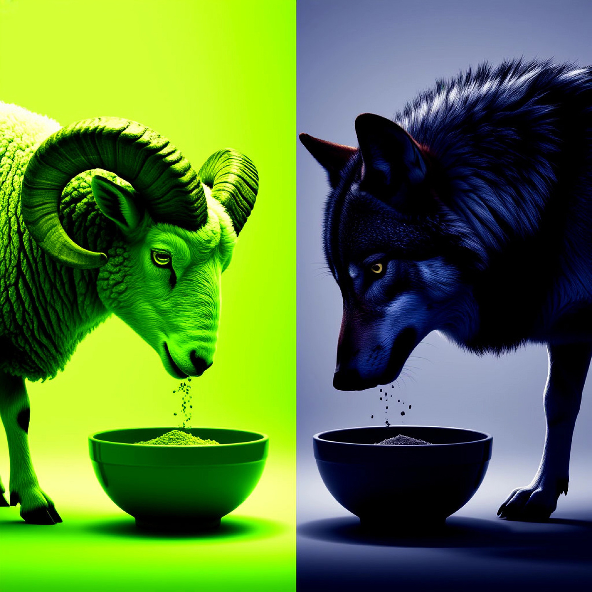 Слева - баран, справа волк, оба в напряжении.