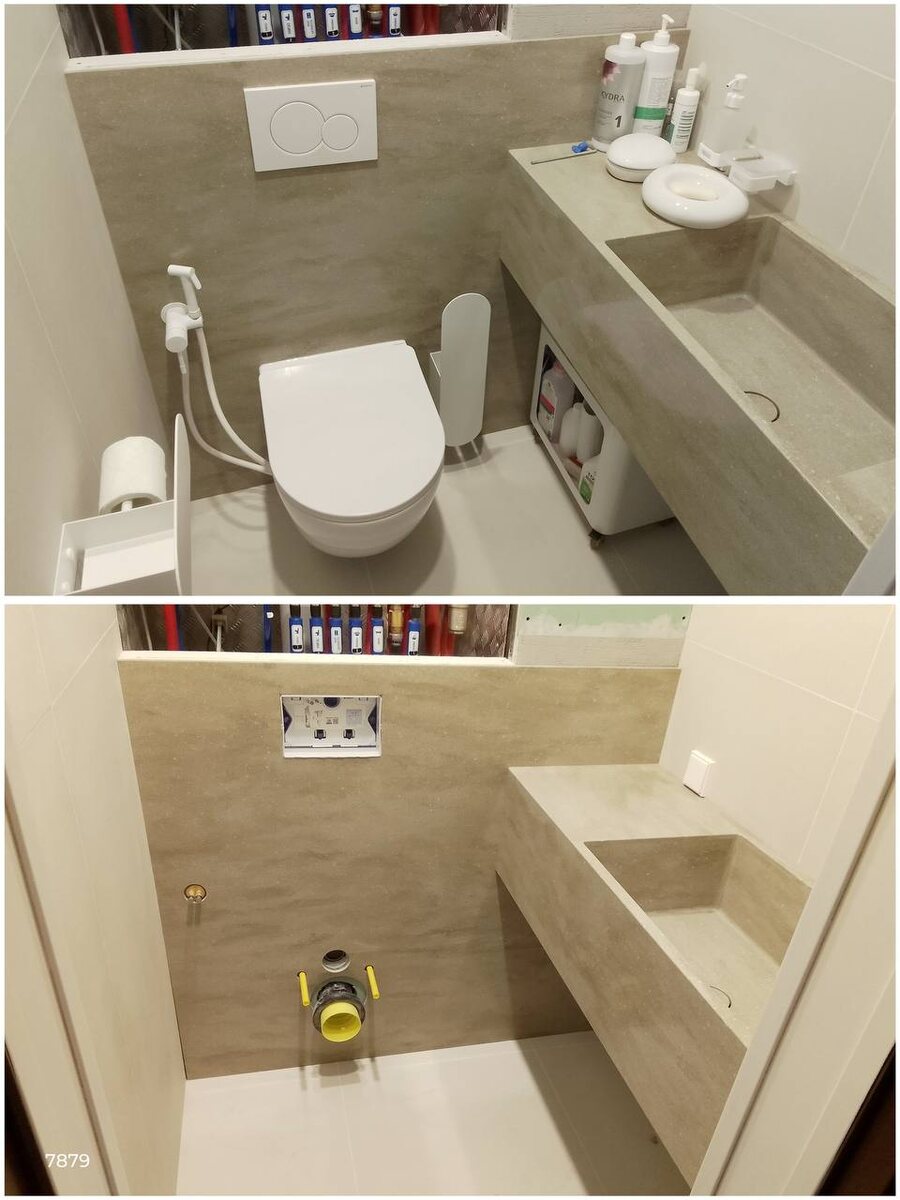 Стеновая панель и подвесная столешница с раковиной изготовлена из акрилового камня