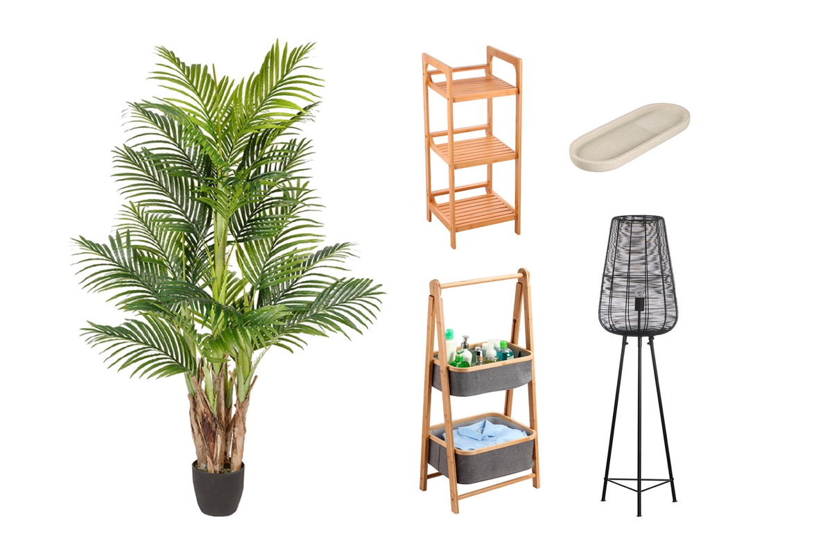 Подставка для ванных принадлежностей Loup в бежевом цвете — 1107* рублей. Торшер Vinger — 18 900* рублей. Пальма «Арека Бетель» Sensitive Botanic — 17 125* рублей. Деревянный стеллаж Saigon — 3740* рублей. Корзина Sumatra с каркасом из натурального бамбука — 4914* рублей.