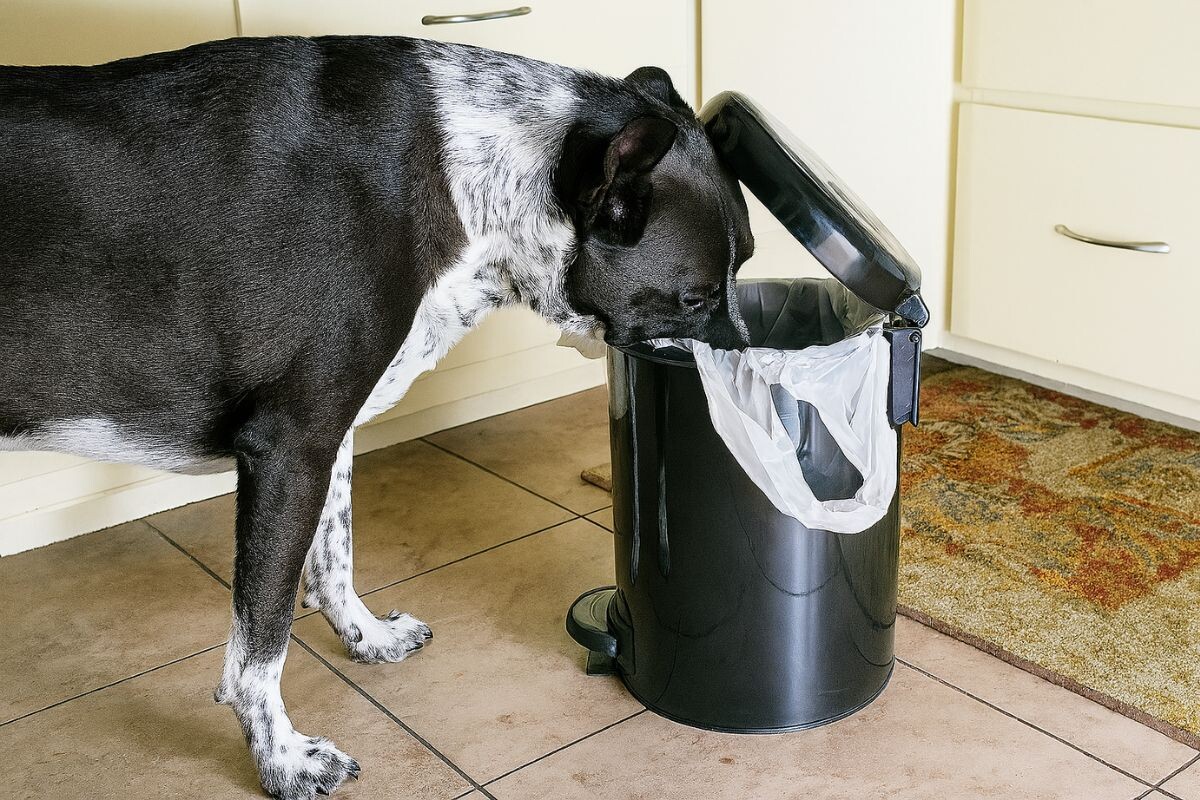 Пёс копается в мусорном ведре 