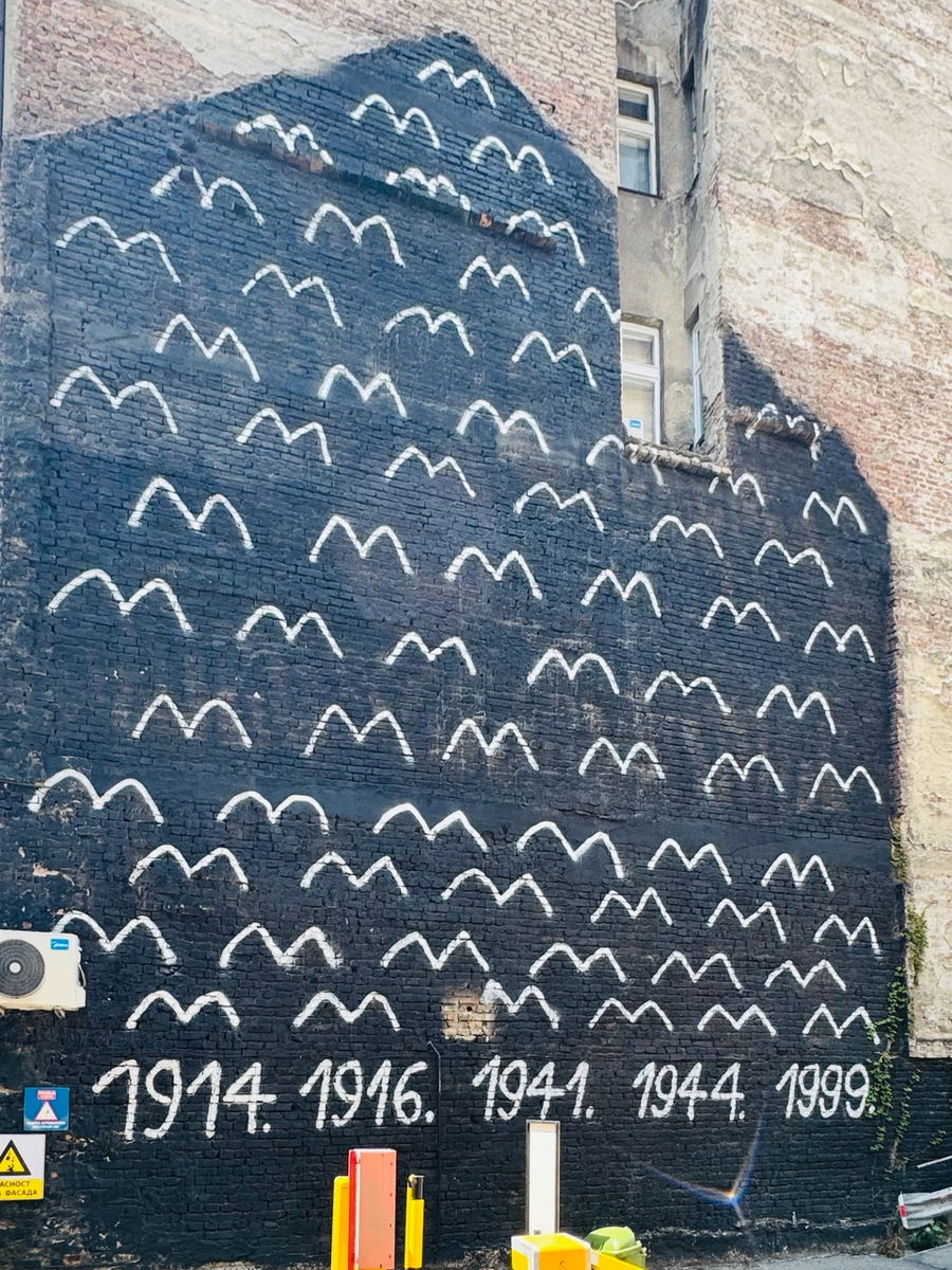 Один цвет, простейший рисунок, и как многое здесь сказано. Годы внизу - это тяжелые периоды в жизни Белграда. А холмики на черном фоне и так понятно, что означают. Можно заметить, что все холмики парные. И тогда как будто это уже как птицы, которые улетают - души, которые покинули землю в указанные годы