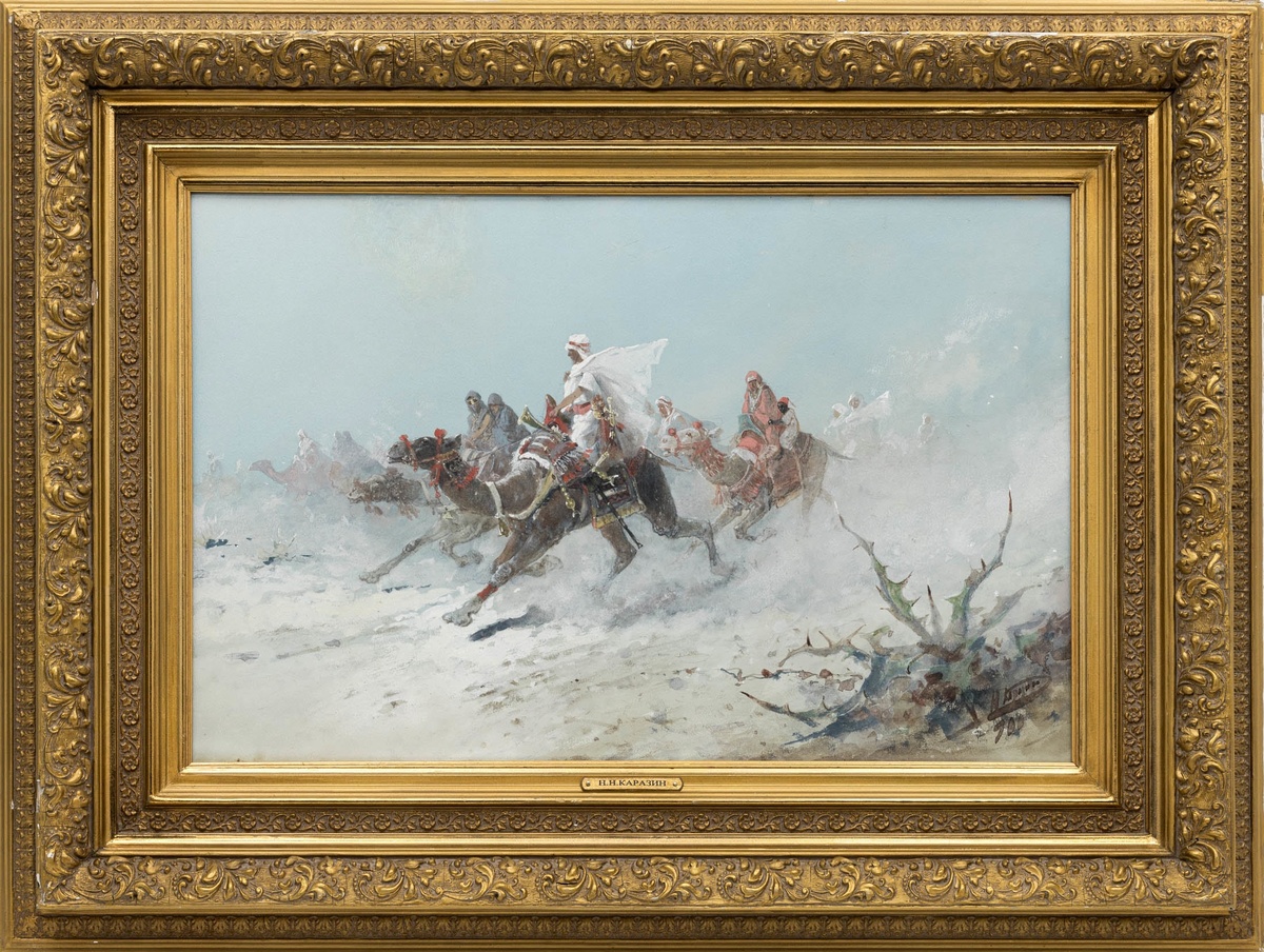 В пустыне («Бедуины»), 1900 г., материалы: бумага на картоне, карандаш, гуашь, размеры: 35 х 58 см. Источник: https://antiqueauction.ru