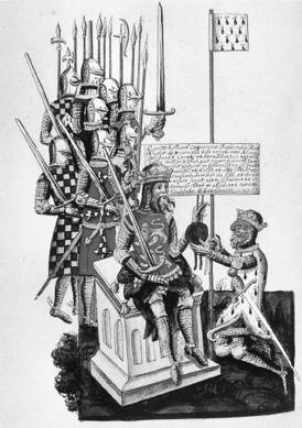 Вильгельм Завоеватель наделяет землями своего племянника Алена Рыжего (ок. 1040–1089), бретонского рыцаря. Миниатюра. XV в.