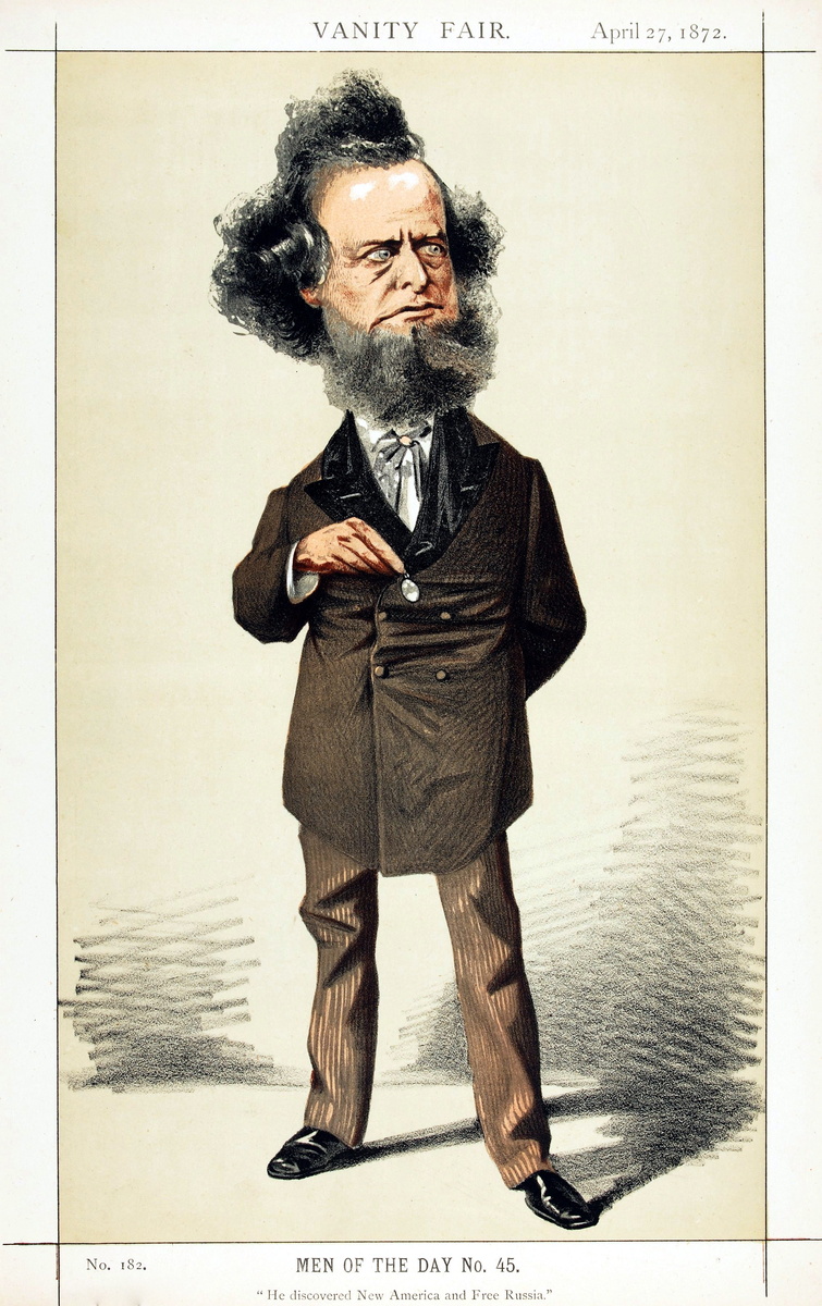 "Он открыл Новую Америку и свободную Россию". Карикатура на Диксона в исполнении Adriano Cecioni в книге "Ярмарка тщеславия", апрель 1872 г.