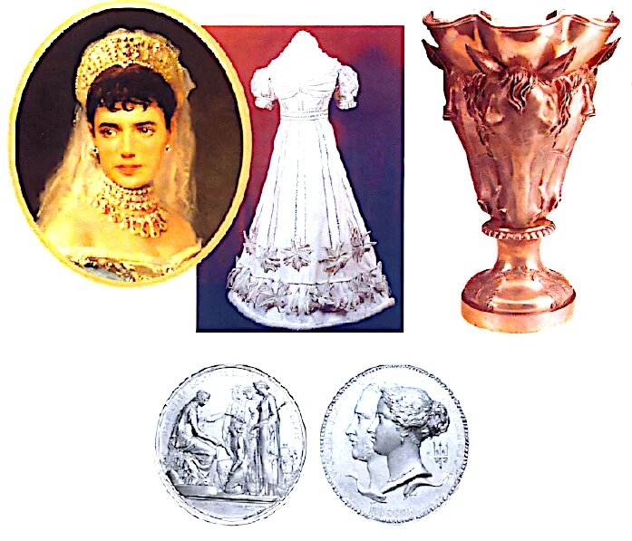  Императрица Мария Федоровна — супруга Алексанара III. Платье императрицы Атлас, тюль, серебряное шитье. ГИХАПМЗ «Гатчина» Россия. Начало 19 века
Призовой кубок. Серебро, литье; чеканка. Высота 35,5, диаметр 23.5, Лондон Англии. Мастер Пол Сторр. 1831—1832 г.г ГЭ Выполненный 6 стиле раннею викторианства кубок в виде mpex лошадиных голов. Предназначен для иаграждения победителя в конных состязаниях. 
Медаль-премия Первой Всемирной художественно-промышилениой выставки в Лондоне 1851 г.