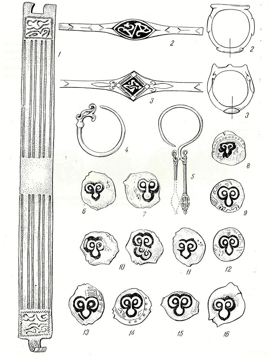 Гавердовский клад: 1-браслет; 2,3-перстни; 4-кольцо-подвеска; 5-серьга; 6-16-монеты Рязанского княжества 15 в.
