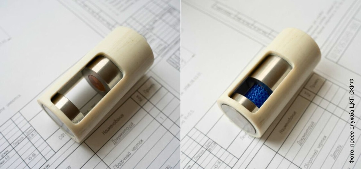    Комплекс для исследования динамических свойств материалов без образца (слева); с образцом (справа).