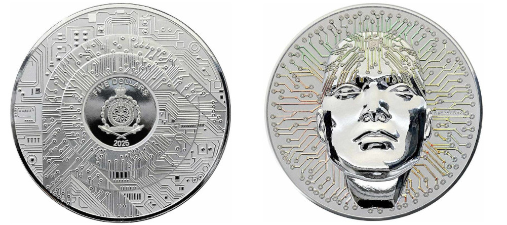    Серебряная монета с изображением человеческой головы и электронных схем