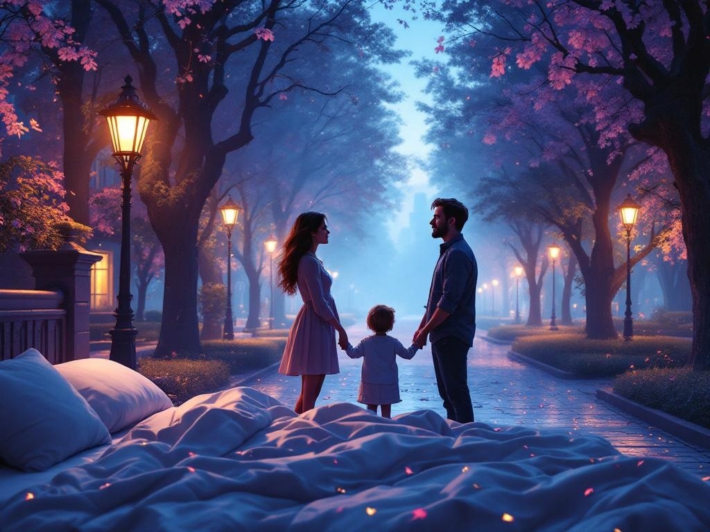    К чему такое снится: На картине изображена встреча мужчины и женщины на улице. Они смотрят друг на друга с удивлением, между ними стоит маленький ребенок, держащий их за руки. Вокруг тих