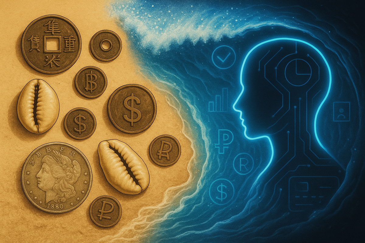История денег и мир без них: от монет до искусственного интеллекта. Визуальное сравнение древних валют и цифровых технологий.