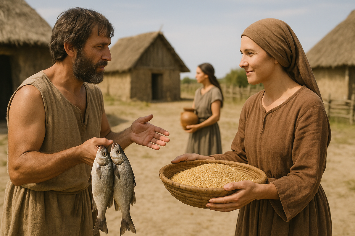 Бартерная торговля в древнем поселении: люди обменивают рыбу на зерно. Иллюстрация исторического обмена до появления денег.