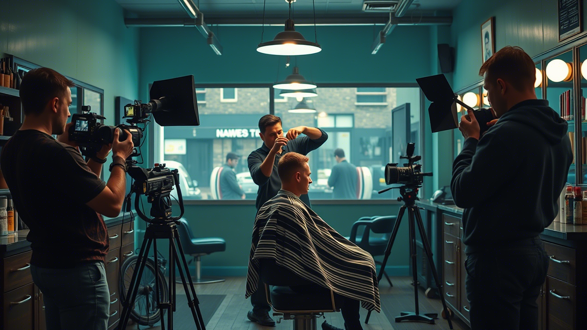 Съемочная группа работает в барбешопе, снимая процесс стрижки волос, чтобы создать качественный контент для рекламы или обучения.
