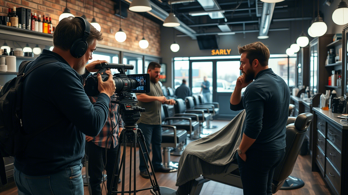На фотографии запечатлен процесс съемки в барбешопе, где профессиональный парикмахер стрижет волосы клиенту, а операторы фиксируют каждый момент на видеокамеры.