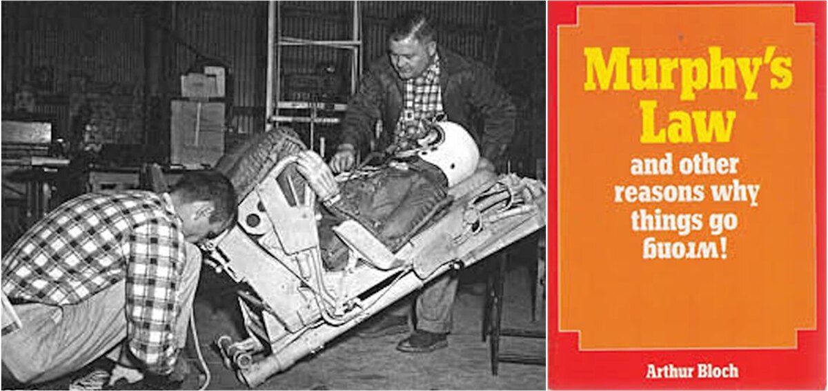 Эдвард А. Мерфи (стоит) во время испытаний катапультируемого кресла, 1957 г. Источник изображения  https://improbable.com . Обложка первого издания Murphy's Law, and Other Reasons Why Things Go WRONG. 
