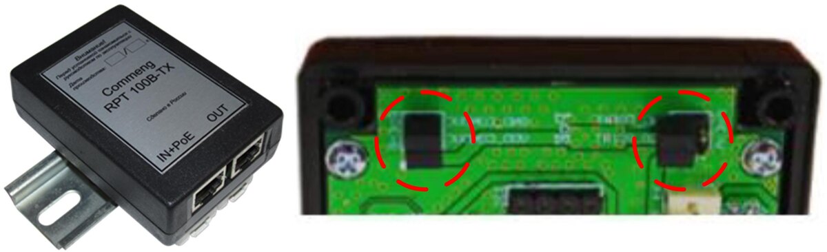 Репитер Commeng RPT 100B-TX v2.0.  Места установки джамперов на плате репитера 