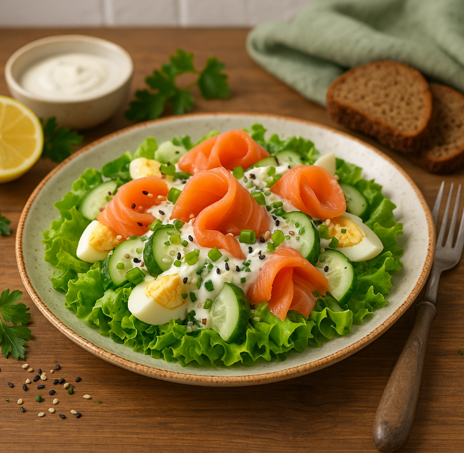 Салат с сёмгой, огурцами и сливочным соусом рецепты от Дарики