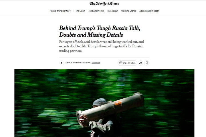    Заголовок - "За жёсткими заявлениями Трампа о России скрываются сомнения и упущенные детали". Скриншот: интернет-сайт nytimes.com