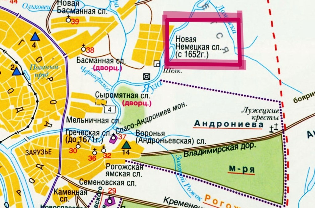Немецкая слобода на карте Москвы 17 века. Изображение из открытых источников.