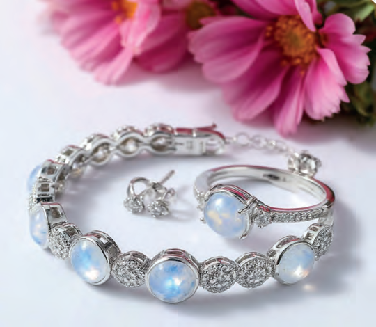 Серьги, кольцо, браслет с лунным камнем, серебро